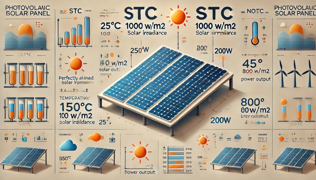 DALL·E 2024-09-22 18.35.14 - A rectangular infographic that visually compares the power output of a photovoltaic panel under NOCT and STC conditions. For STC, show an idealized la