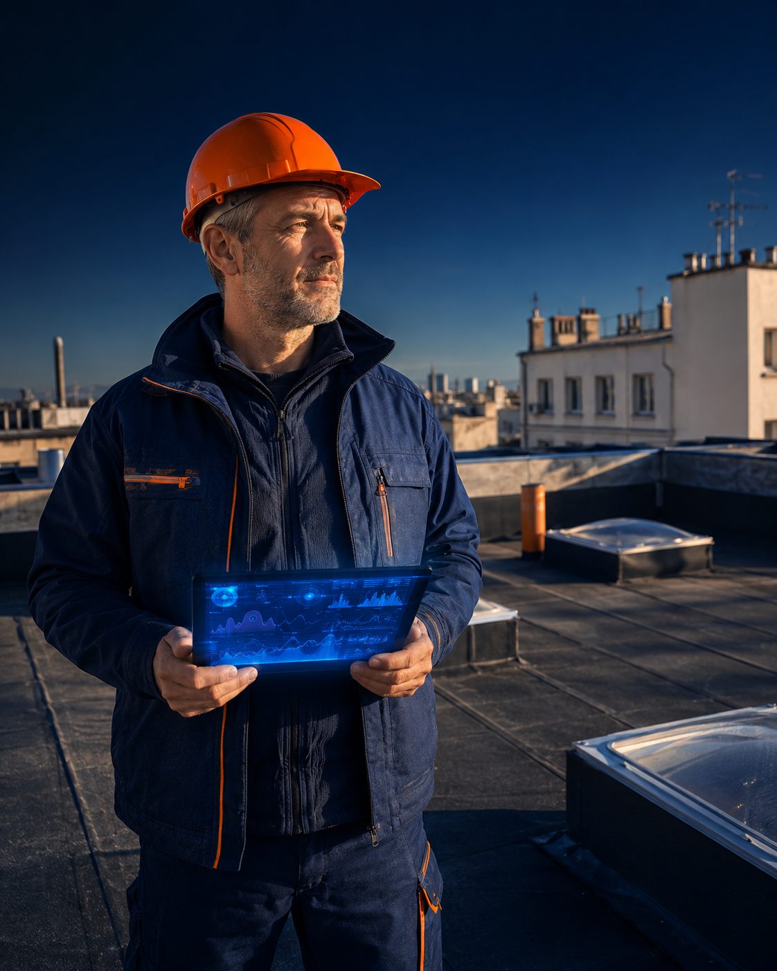 L'IA sur le chantier IA pour le BTP : dirigeant de TPE consultant son tableau de bord IA sur tablette, sur une toiture-terrasse